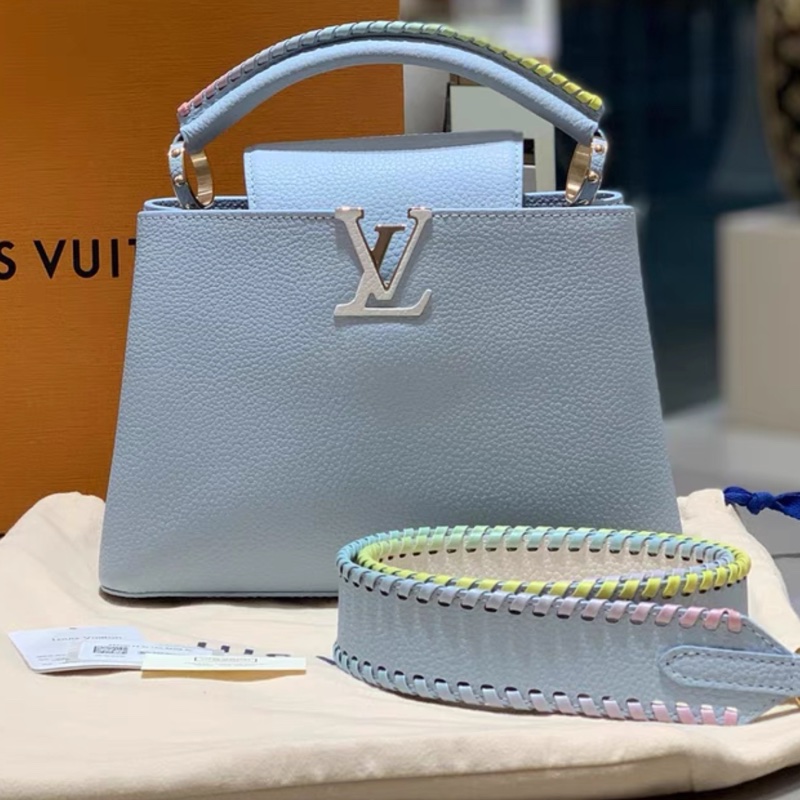 99新 🌈LV Capucines BB 芯片款 baby粉蓝彩虹编织限量 马卡龙配色-4