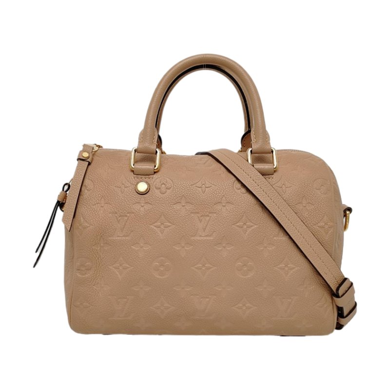LOUIS VUITTON SPEEDY 25 卡其色牛皮老花壓紋波士頓包肩背包手提包斜挎包 金色五金 可拆卸肩帶-0
