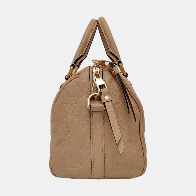 LOUIS VUITTON SPEEDY 25 卡其色牛皮老花壓紋波士頓包肩背包手提包斜挎包 金色五金 可拆卸肩帶-3