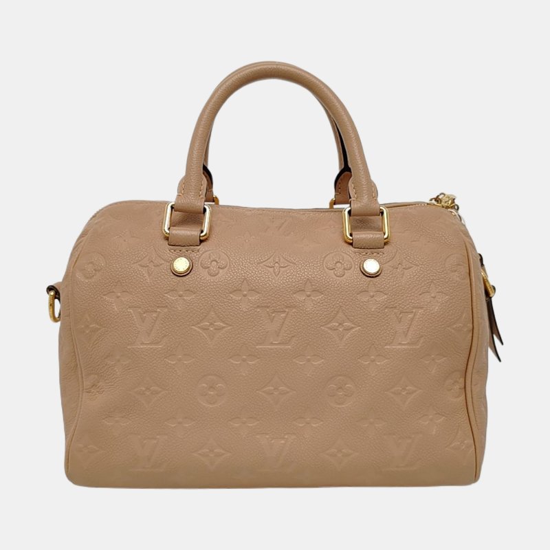 LOUIS VUITTON SPEEDY 25 卡其色牛皮老花壓紋波士頓包肩背包手提包斜挎包 金色五金 可拆卸肩帶-4