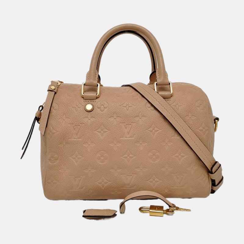 LOUIS VUITTON SPEEDY 25 卡其色牛皮老花壓紋波士頓包肩背包手提包斜挎包 金色五金 可拆卸肩帶-7