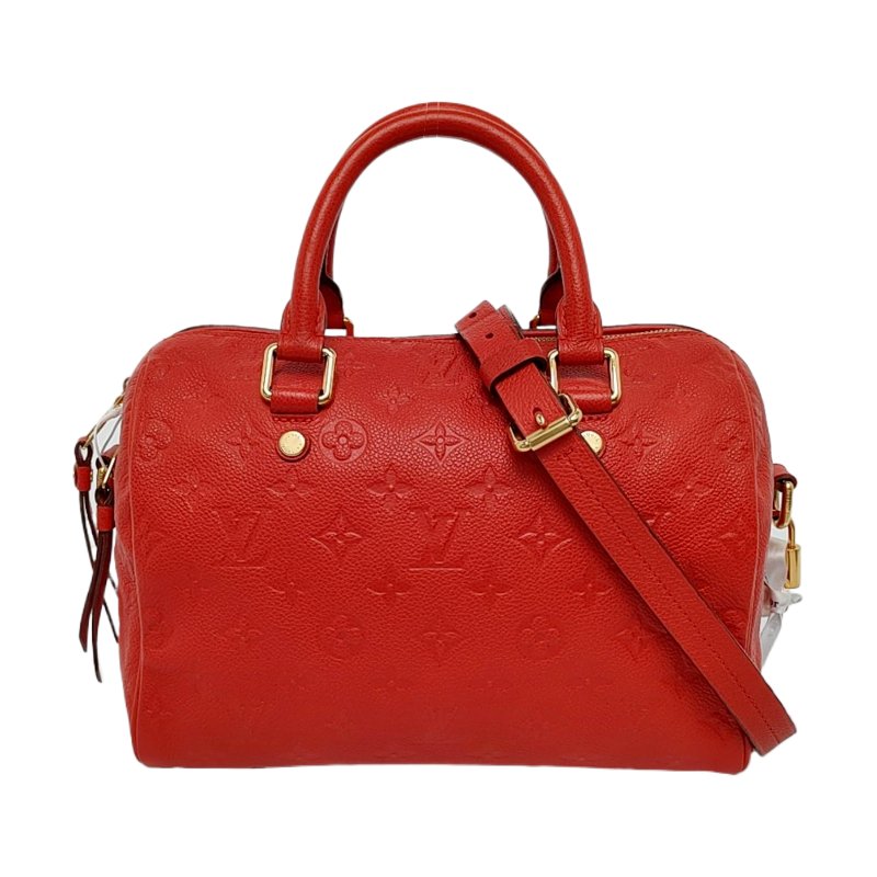 LOUIS VUITTON SPEEDY 25 橙紅色牛皮壓紋波士頓包肩背包手提包斜背包 金色五金 可拆卸肩帶-0