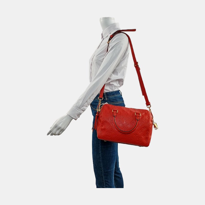 LOUIS VUITTON SPEEDY 25 橙紅色牛皮壓紋波士頓包肩背包手提包斜背包 金色五金 可拆卸肩帶-1