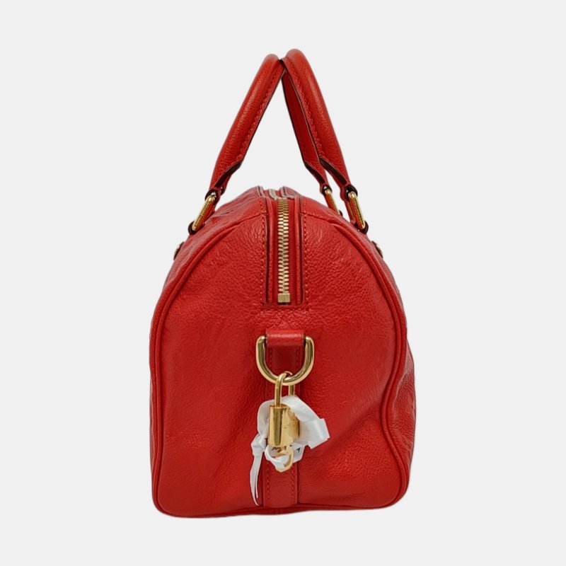LOUIS VUITTON SPEEDY 25 橙紅色牛皮壓紋波士頓包肩背包手提包斜背包 金色五金 可拆卸肩帶-2