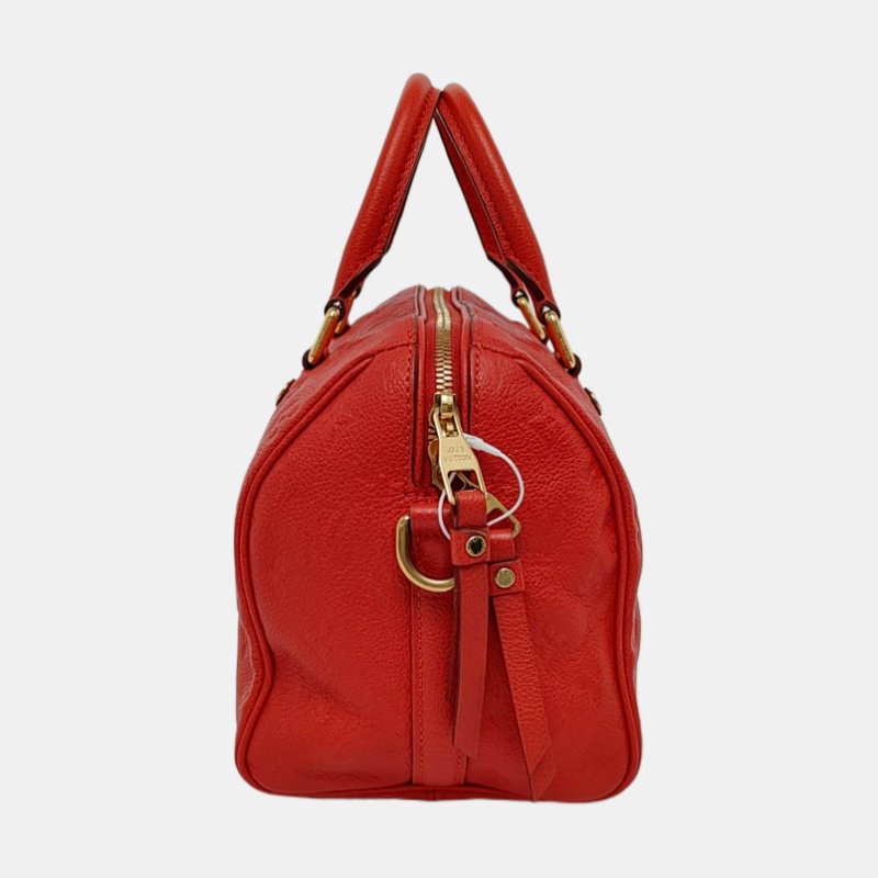 LOUIS VUITTON SPEEDY 25 橙紅色牛皮壓紋波士頓包肩背包手提包斜背包 金色五金 可拆卸肩帶-3
