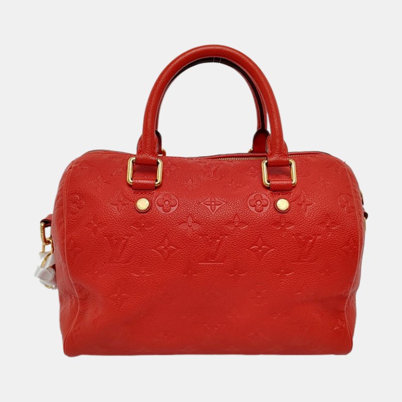 LOUIS VUITTON SPEEDY 25 橙紅色牛皮壓紋波士頓包肩背包手提包斜背包 金色五金 可拆卸肩帶-4