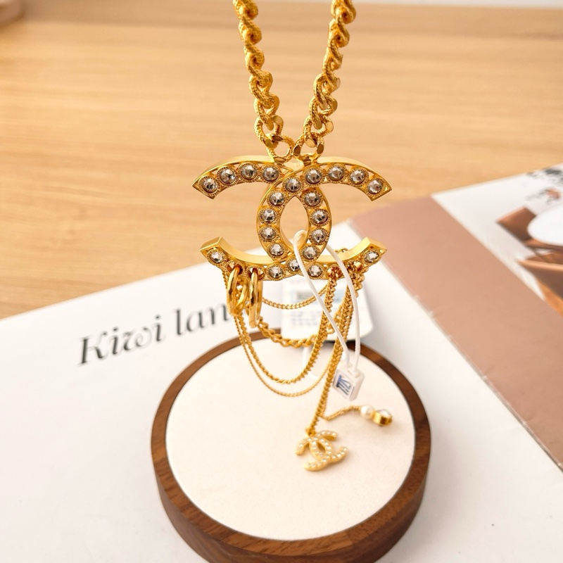 Chanel 金色金屬雙C鑲鑽流蘇項鍊毛衣鏈 鏈長約55cm-1