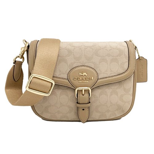 【全新】COACH 新款緹花織布拼接牛皮肩背斜背馬鞍包(膚色)-0