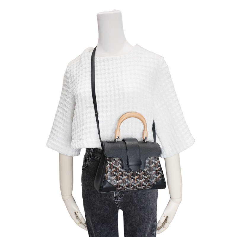 Goyard Saigon Mini 帆布木質手提斜背包(黑)-5