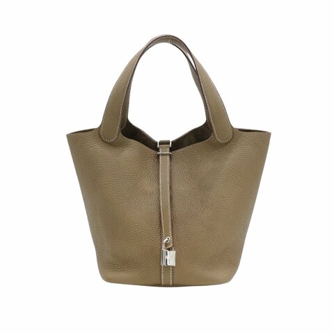 Hermes 展示品 Picotin 22 牛皮銀釦水桶包(Etoupe大象灰)