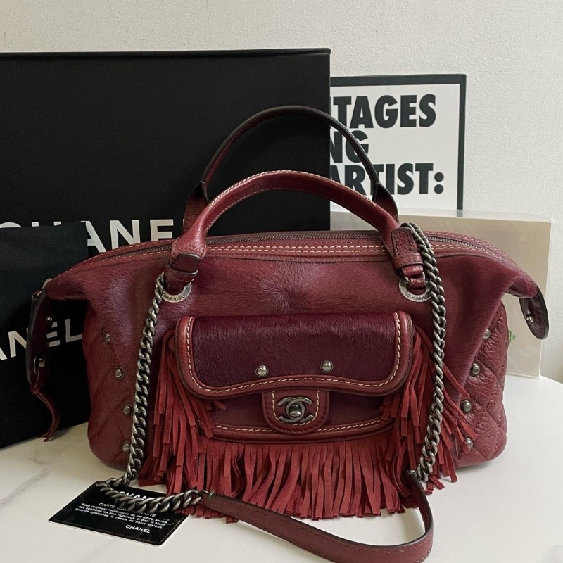 CHANEL 香奈兒 走秀款馬毛手提包單肩包 酒紅色馬毛牛皮 流蘇點綴 復古做舊五金 雙面可背-0