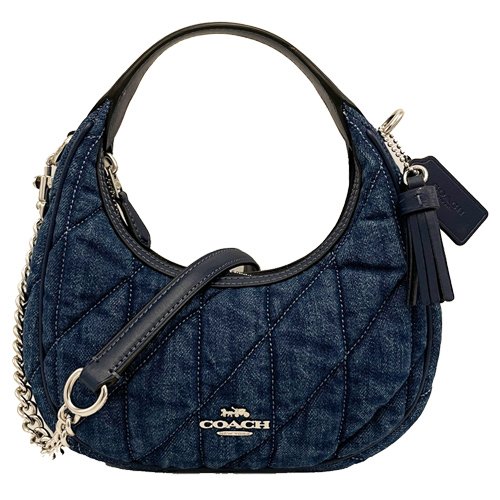 【全新】COACH 牛仔布絎縫菱格紋鏈帶手提斜背小彎月包(藍)-0