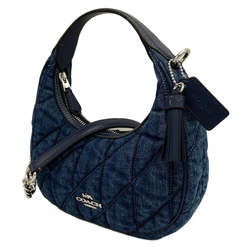 【全新】COACH 牛仔布絎縫菱格紋鏈帶手提斜背小彎月包(藍)-1