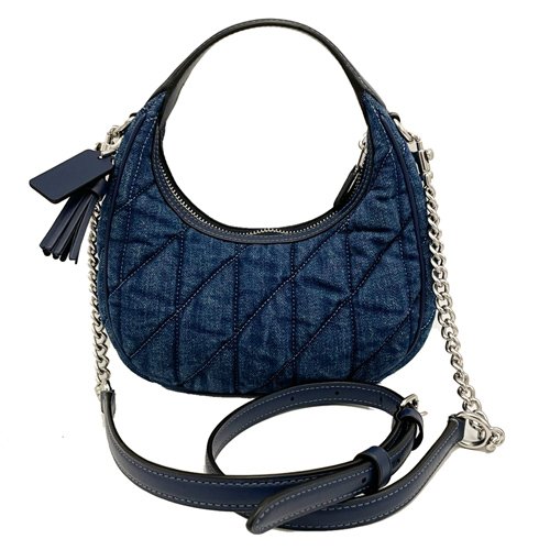 【全新】COACH 牛仔布絎縫菱格紋鏈帶手提斜背小彎月包(藍)-2