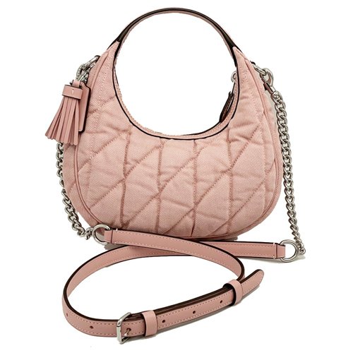 【全新】COACH 絎縫菱格紋鏈帶手提斜背小彎月包(粉)-2