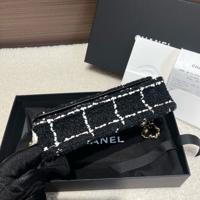 Chanel 23年芯片款 黑白格毛呢金球小woc鏈條斜挎包 全套配件：票 防塵袋 盒子-2