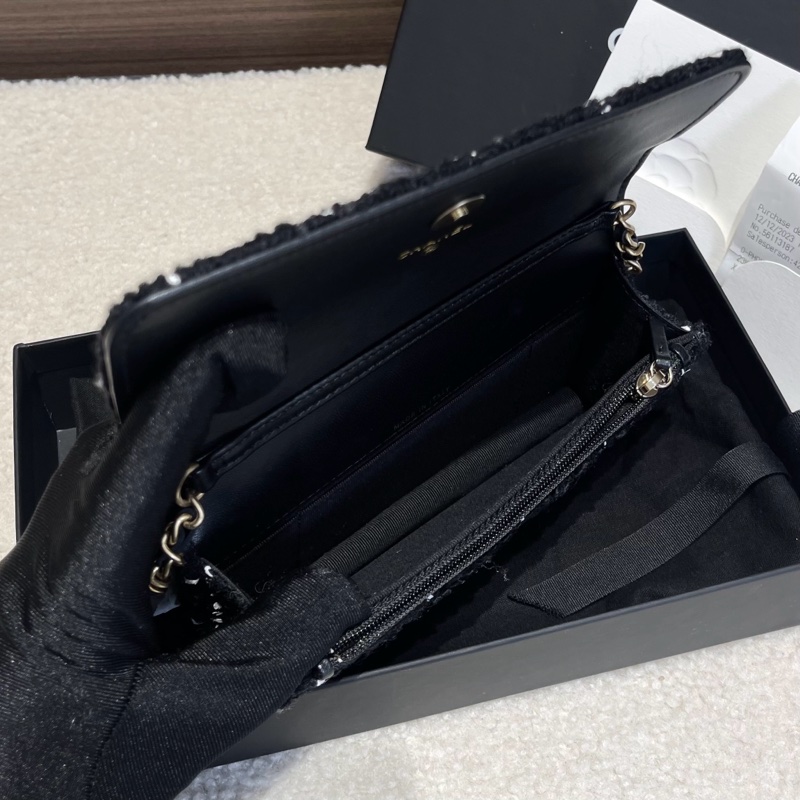 Chanel 23年芯片款 黑白格毛呢金球小woc鏈條斜挎包 全套配件：票 防塵袋 盒子-3