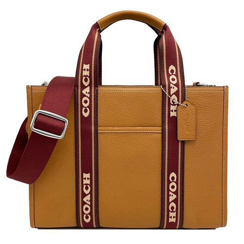 【全新】COACH 素面牛皮手提斜背兩用琴譜方包(榛果咖)-0
