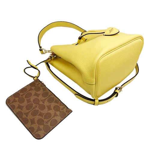 【全新】COACH 新款素面牛皮肩背斜背兩用束口水桶包(黃)-3