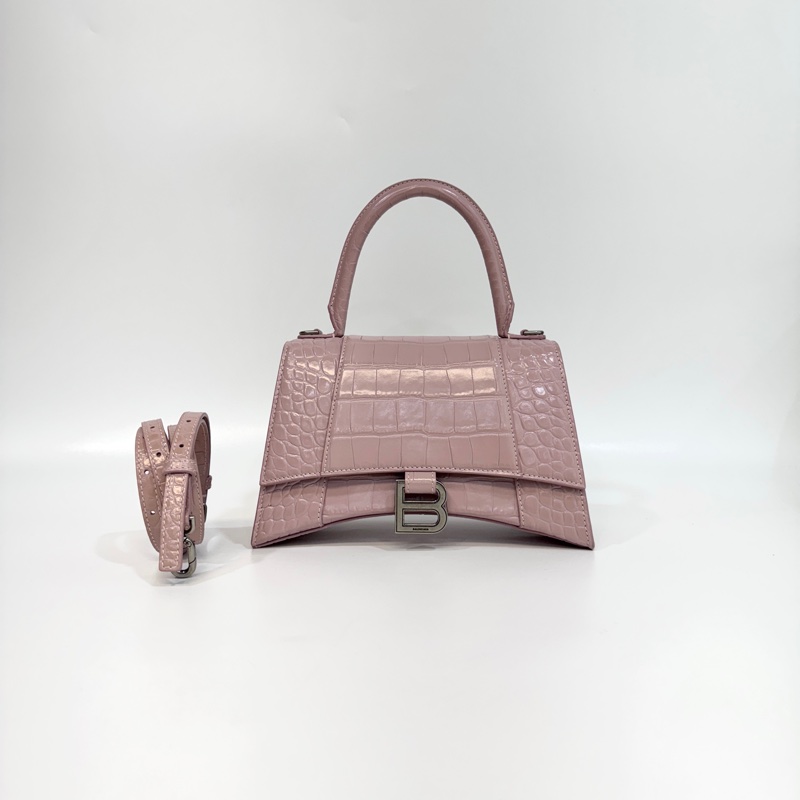 Balenciaga粉色鱷魚紋牛皮銀釦小號Hourglass沙漏手提側背包5935461-0