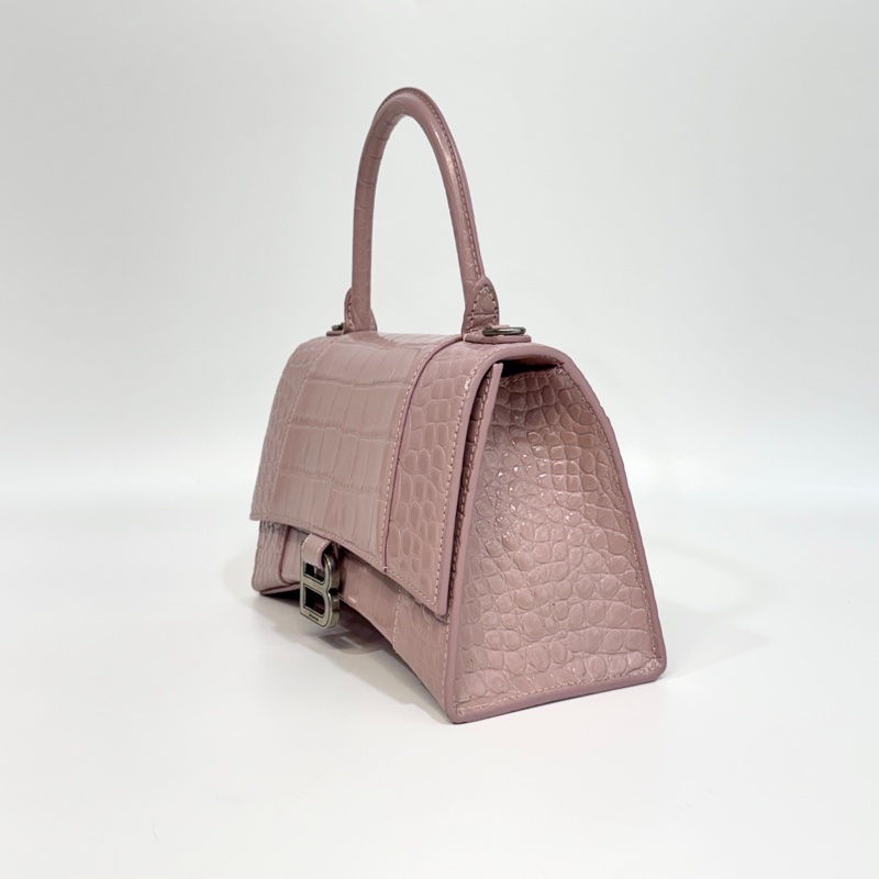 Balenciaga粉色鱷魚紋牛皮銀釦小號Hourglass沙漏手提側背包5935461-1