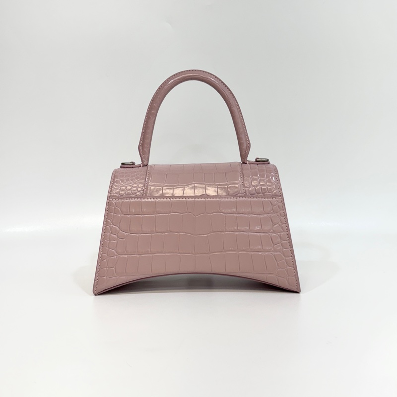 Balenciaga粉色鱷魚紋牛皮銀釦小號Hourglass沙漏手提側背包5935461-2