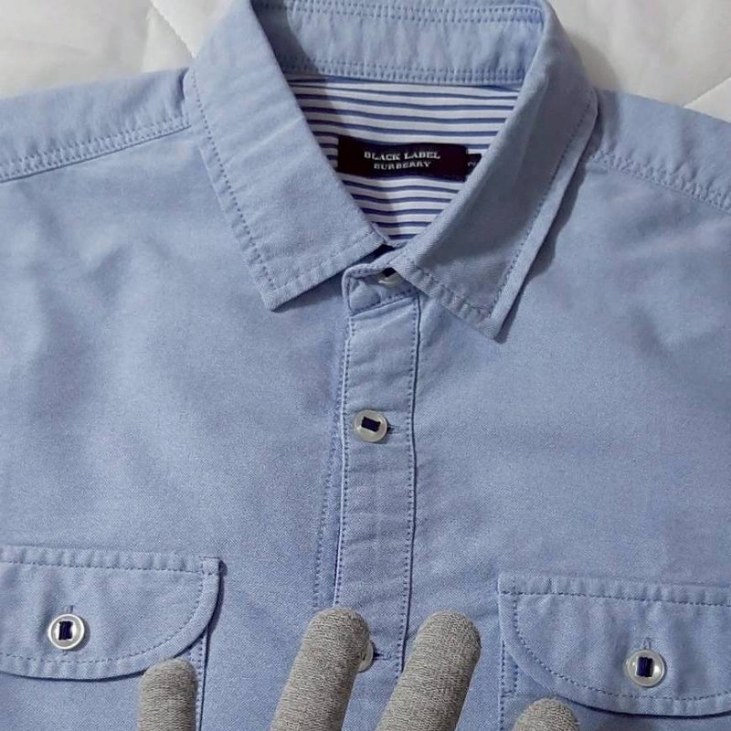 絕版BURBERRY 博柏利 BLACK LABEL 黑標 戰馬 男淺藍牛津布反折條紋七分袖襯衫2號-2