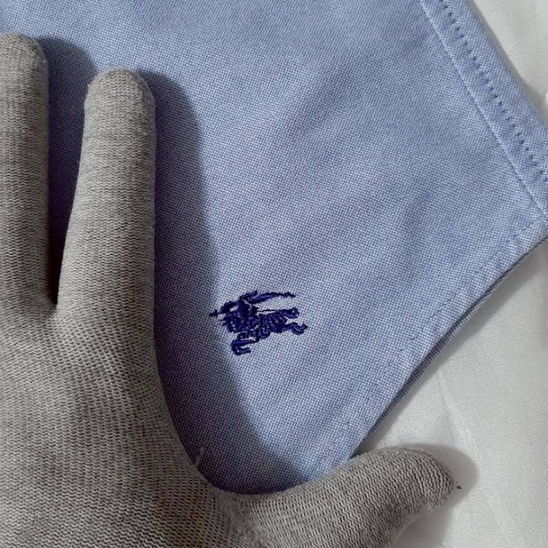 絕版BURBERRY 博柏利 BLACK LABEL 黑標 戰馬 男淺藍牛津布反折條紋七分袖襯衫2號-4