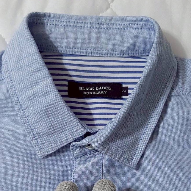 絕版BURBERRY 博柏利 BLACK LABEL 黑標 戰馬 男淺藍牛津布反折條紋七分袖襯衫2號-7