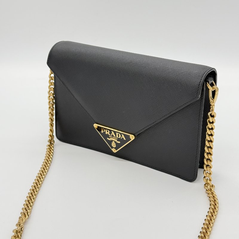 【大全套閒置品♥️專櫃88,000】PRADA 普拉達 經典三角牌標 黑色 Safiano 防刮牛皮 WOC 鏈條包(可拆卸)單肩包 手拿包 91020SV-3