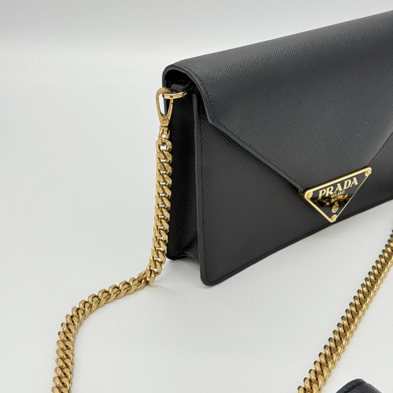 【大全套閒置品♥️專櫃88,000】PRADA 普拉達 經典三角牌標 黑色 Safiano 防刮牛皮 WOC 鏈條包(可拆卸)單肩包 手拿包 91020SV-10