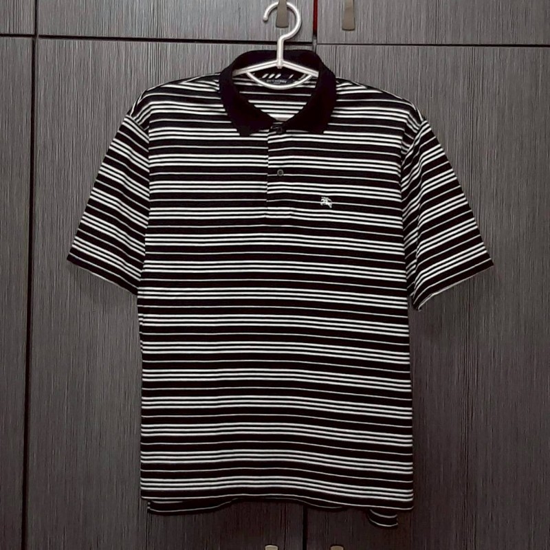 BURBERRY 博柏利 GOLF高爾夫球 戰馬 男黑白橫條紋短袖POLO衫L-0