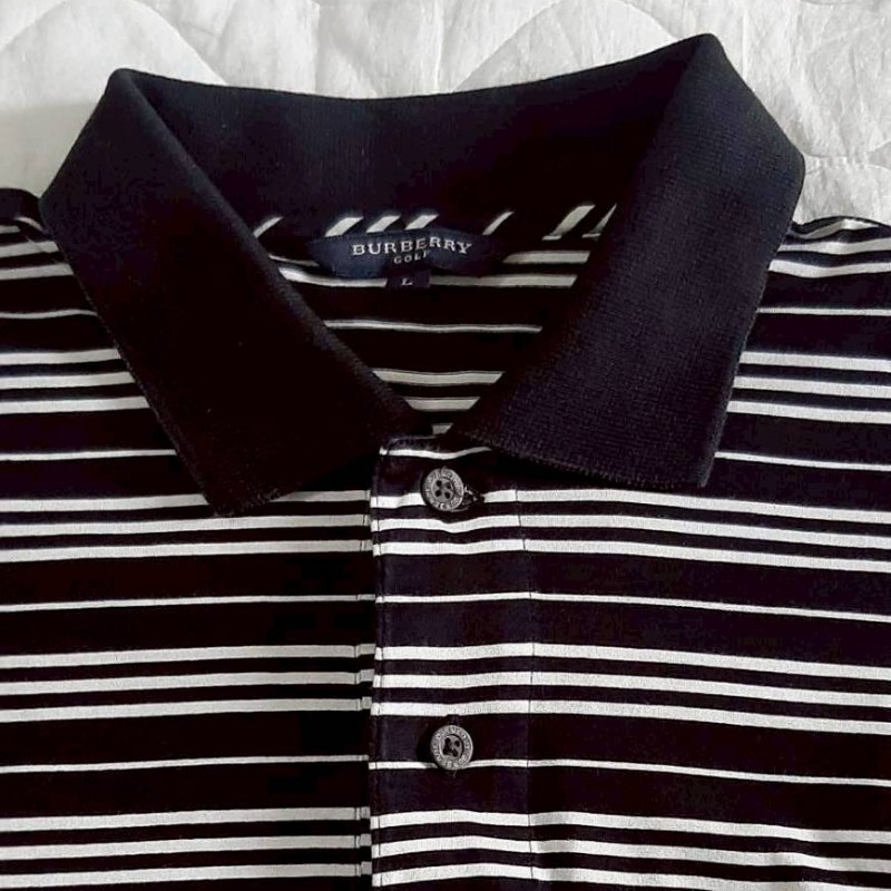 BURBERRY 博柏利 GOLF高爾夫球 戰馬 男黑白橫條紋短袖POLO衫L-2