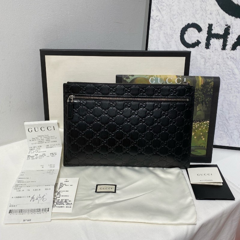 全套🤩Gucci 古馳 全皮燙印logo 黑色 男士手拿包 🈶購鉦-0