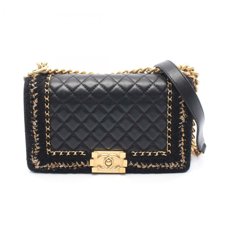 CHANEL Boy Chanel 大號 Matelasse 小羊皮單肩包,黑色/金色,女款,A92193-0