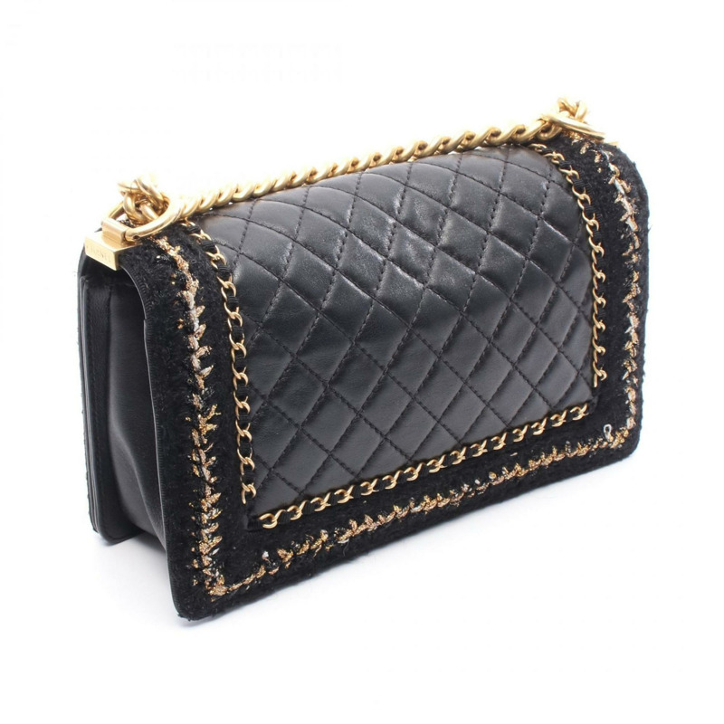 CHANEL Boy Chanel 大號 Matelasse 小羊皮單肩包,黑色/金色,女款,A92193-1