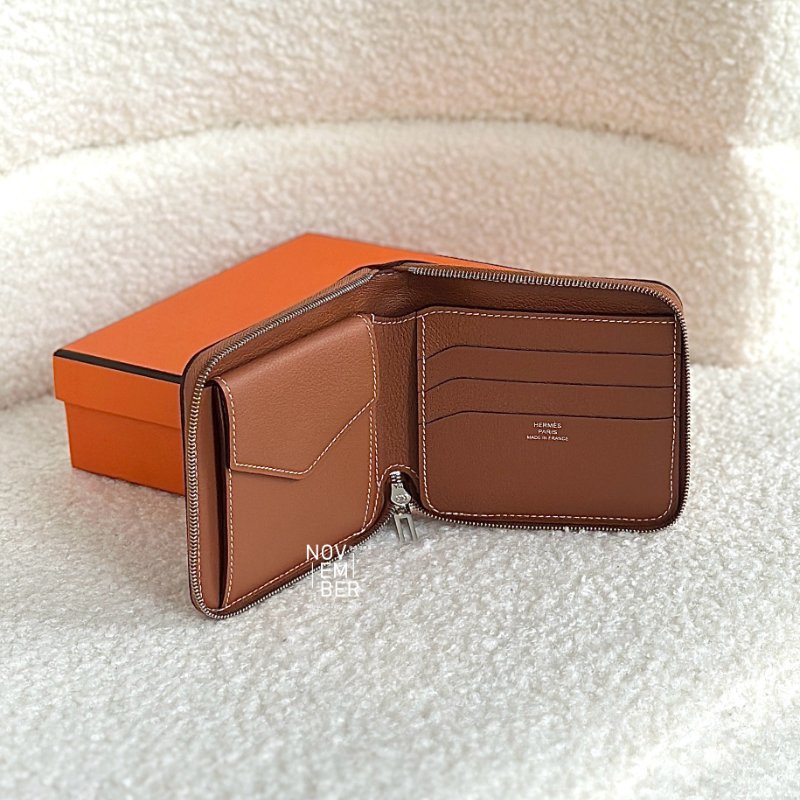 全新💖 Hermès 愛馬仕 男士金棕拉鍊短夾-1
