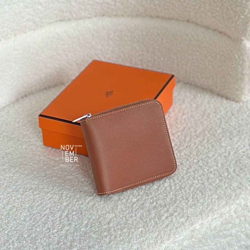 全新💖 Hermès 愛馬仕 男士金棕拉鍊短夾-4