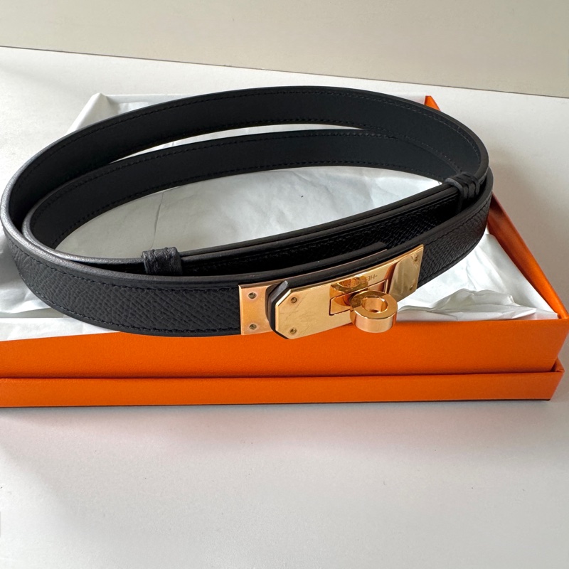 HERMES KELLY 18 腰帶 Hunter 牛皮 皮帶 黑色 金釦-0