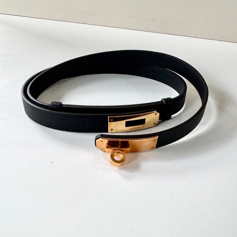 HERMES KELLY 18 腰帶 Hunter 牛皮 皮帶 黑色 金釦-2