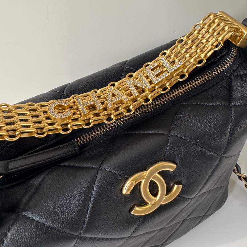 Chanel 黑色 金鍊 字母 水鑽 Hobo 手提 斜背 兩用 飯盒包-2