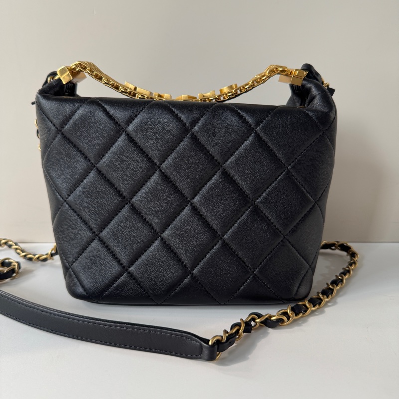 Chanel 黑色 金鍊 字母 水鑽 Hobo 手提 斜背 兩用 飯盒包-3