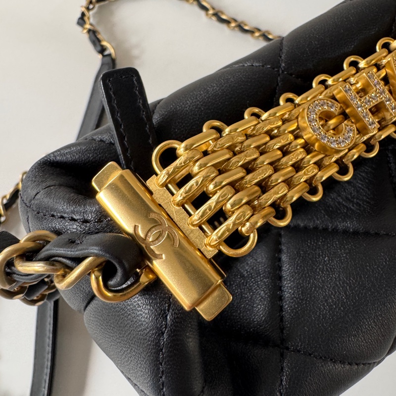 Chanel 黑色 金鍊 字母 水鑽 Hobo 手提 斜背 兩用 飯盒包-5