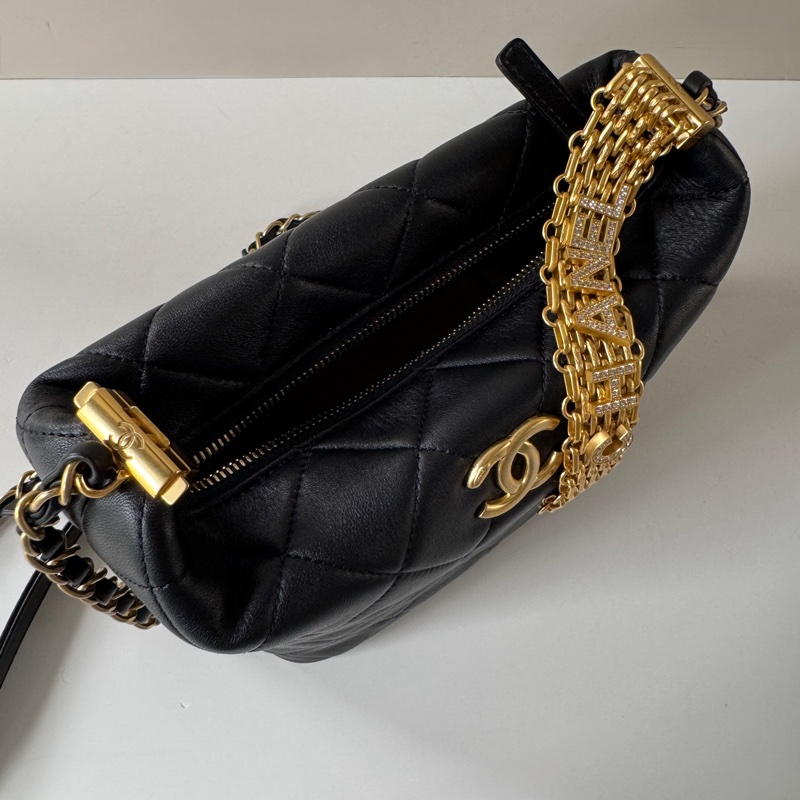 Chanel 黑色 金鍊 字母 水鑽 Hobo 手提 斜背 兩用 飯盒包-6