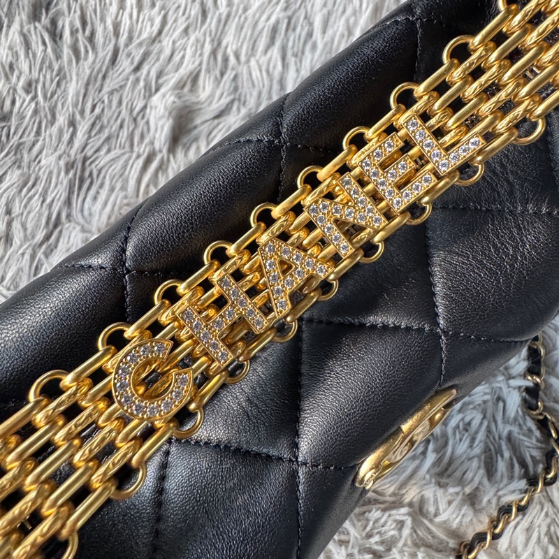 Chanel 黑色 金鍊 字母 水鑽 Hobo 手提 斜背 兩用 飯盒包-9