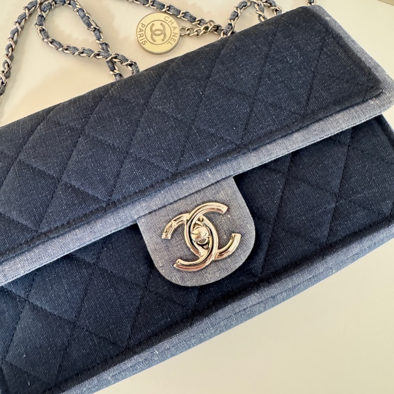 CHANEL 絕版 牛仔 藍色 單寧 雙色 銀鍊 單肩 斜挎 兩用 口蓋包 A92216-4