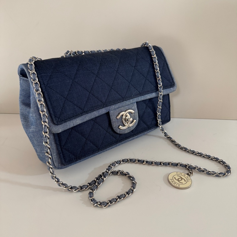 CHANEL 絕版 牛仔 藍色 單寧 雙色 銀鍊 單肩 斜挎 兩用 口蓋包 A92216-6