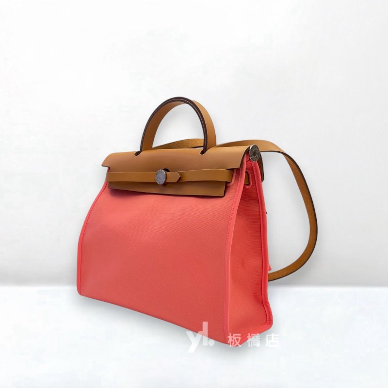 HERMES 杜鵑粉拚焦糖牛皮銀釦帆布 Herbag 31-2