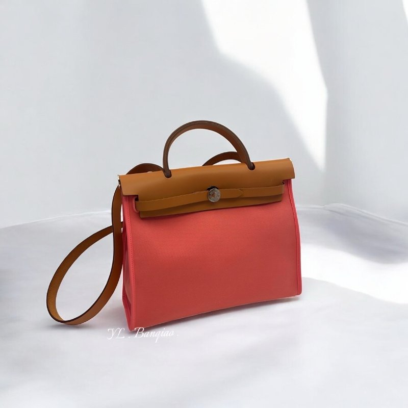 HERMES 杜鵑粉拚焦糖牛皮銀釦帆布 Herbag 31-0
