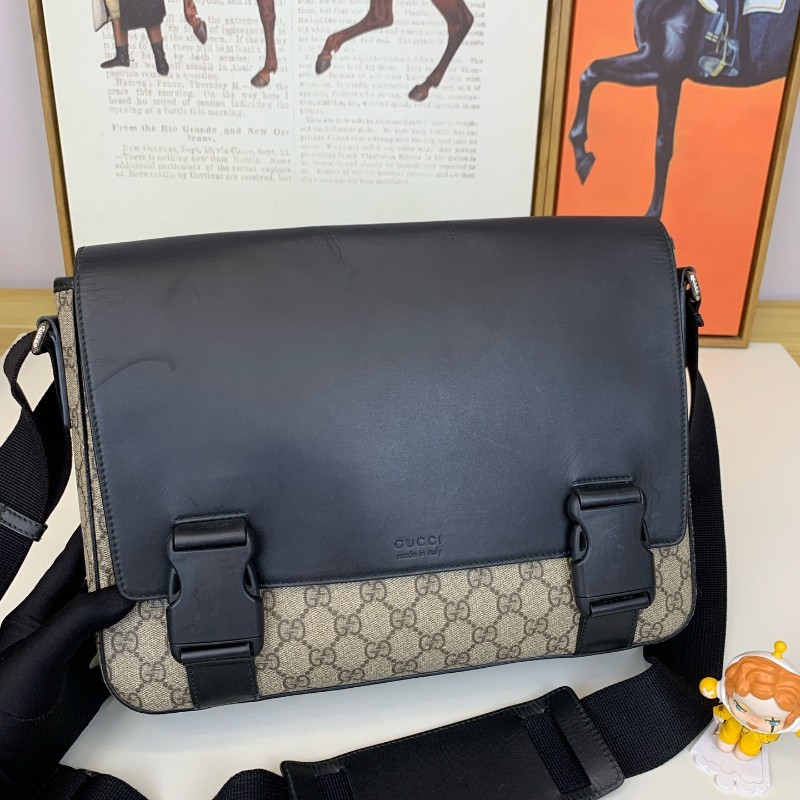 Gucci 男士肩背包郵差包帆布拼皮黑色/烏木色經典老花斜背包-1